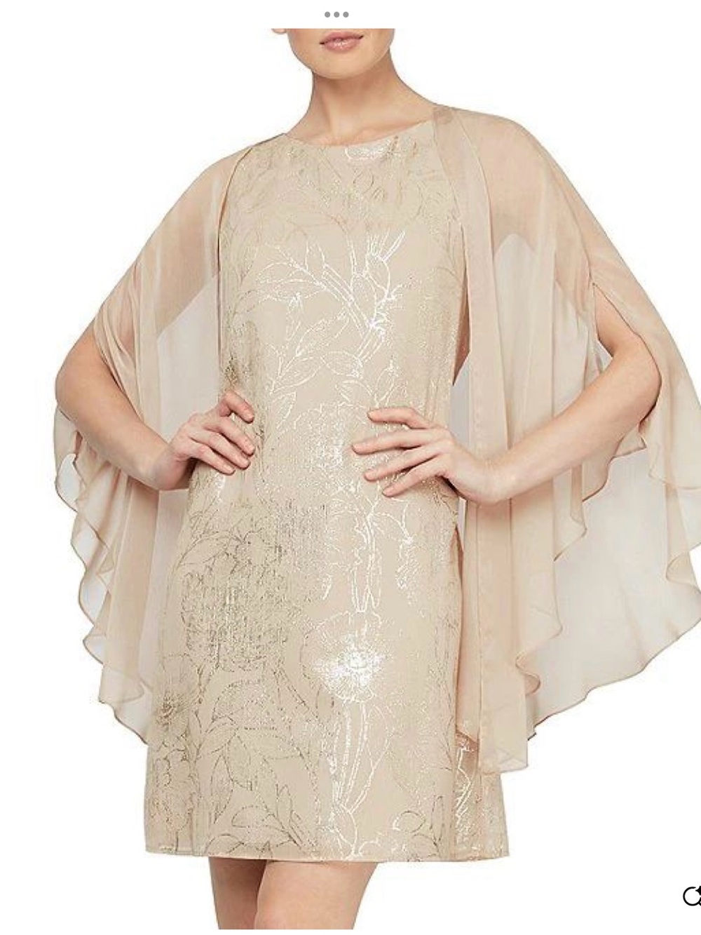 Chiffon Capelet Metallic Floral Mini Dress in Beige